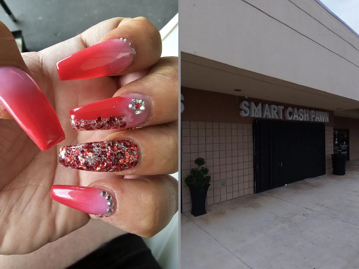Manicured hands with glossy pink nails.